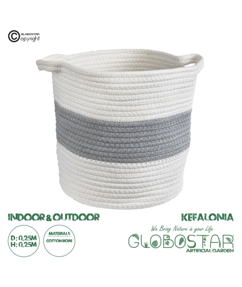 GloboStar® Artificial Garden KEFALONIA 20322 Διακοσμητικό Πλεκτό Καλάθι - Κασπώ Γλάστρα - Flower Pot Λευκό με Γκρι Φ25 x Υ25cm